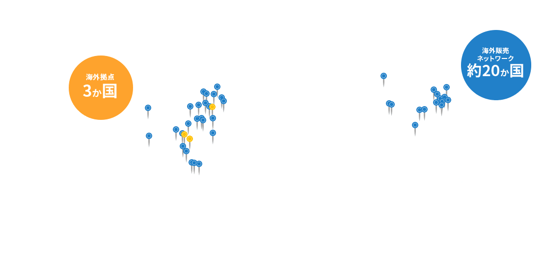 海外拠点 3か国 / 海外販売ネットワーク 約20か国
